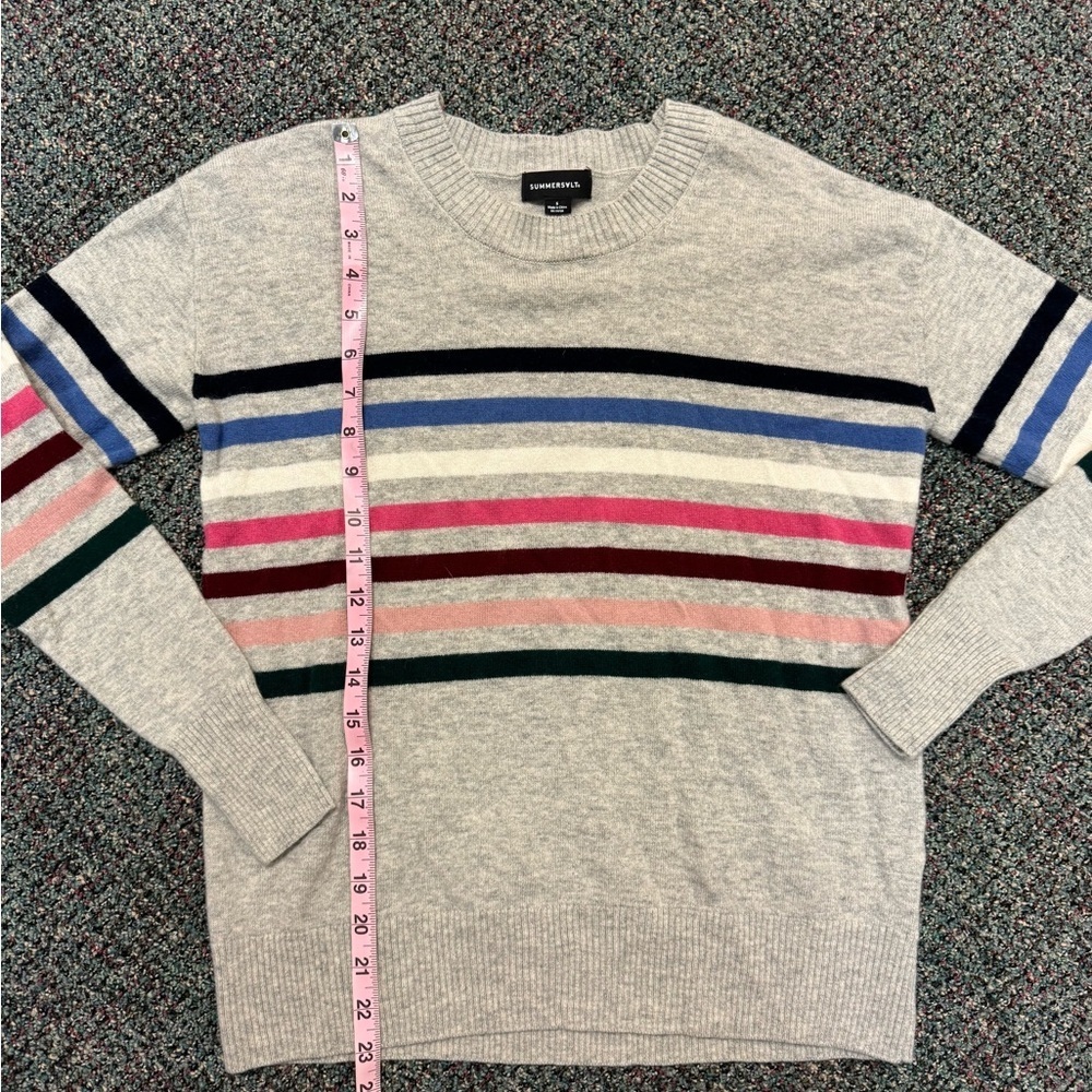 SUMMERSALT The Coziest Cashmere Blend Striped Crew-Rainbow Stripe on Wolf Size S - Picture 9 of 12